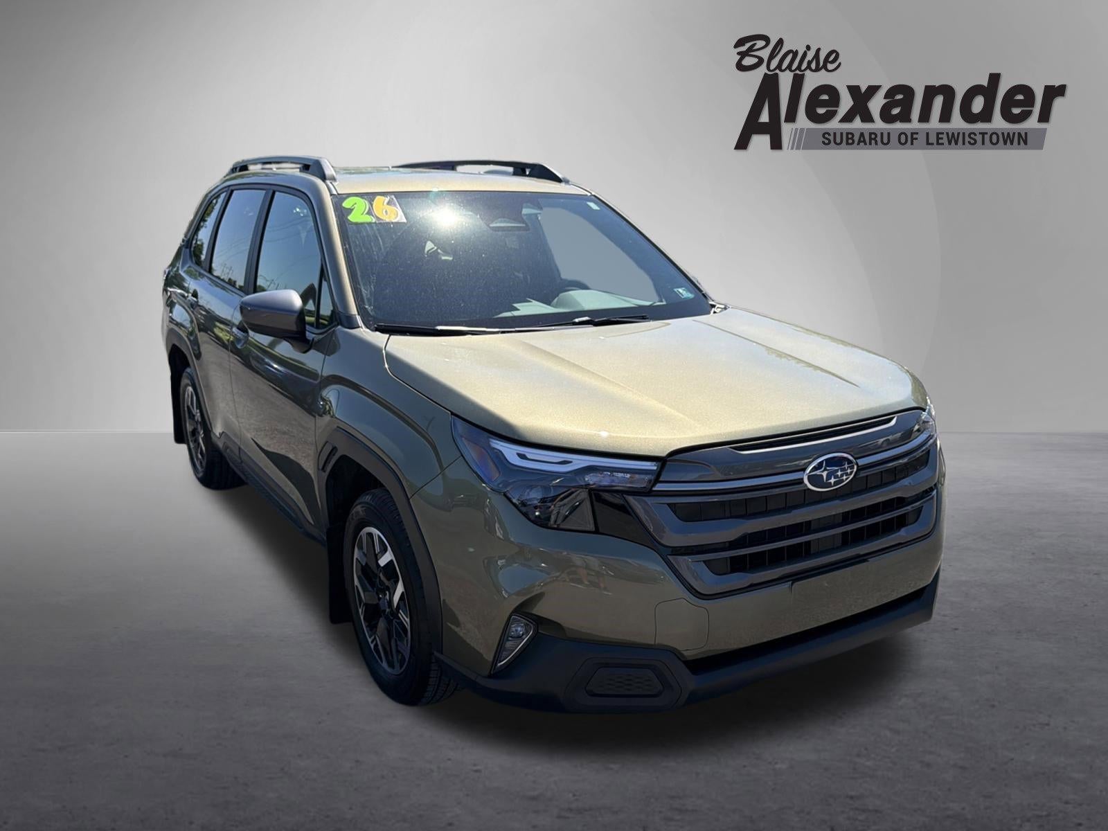 2026 Subaru Forester Premium AWD in Autumn Green Metallic — front three-quarter view